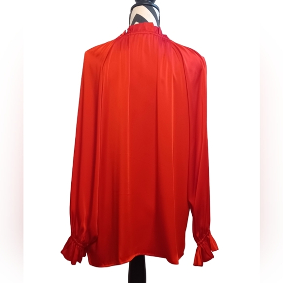 Jodifl Red Satin Ruffle Tie Neck Long-Sleeve Christmas Holiday Evening Blouse - Picture 2 of 11